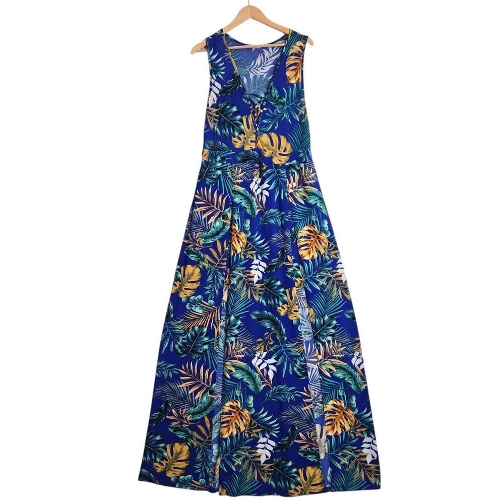 IRIS Tropical Overlay Maxi Dress 2X Blue Palm Leaf Jersey Knit Resort